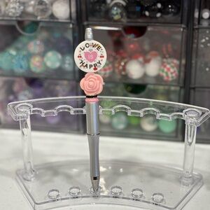 Handcrafted Charming Silver and Pink Love Is Happy Beaded Pen